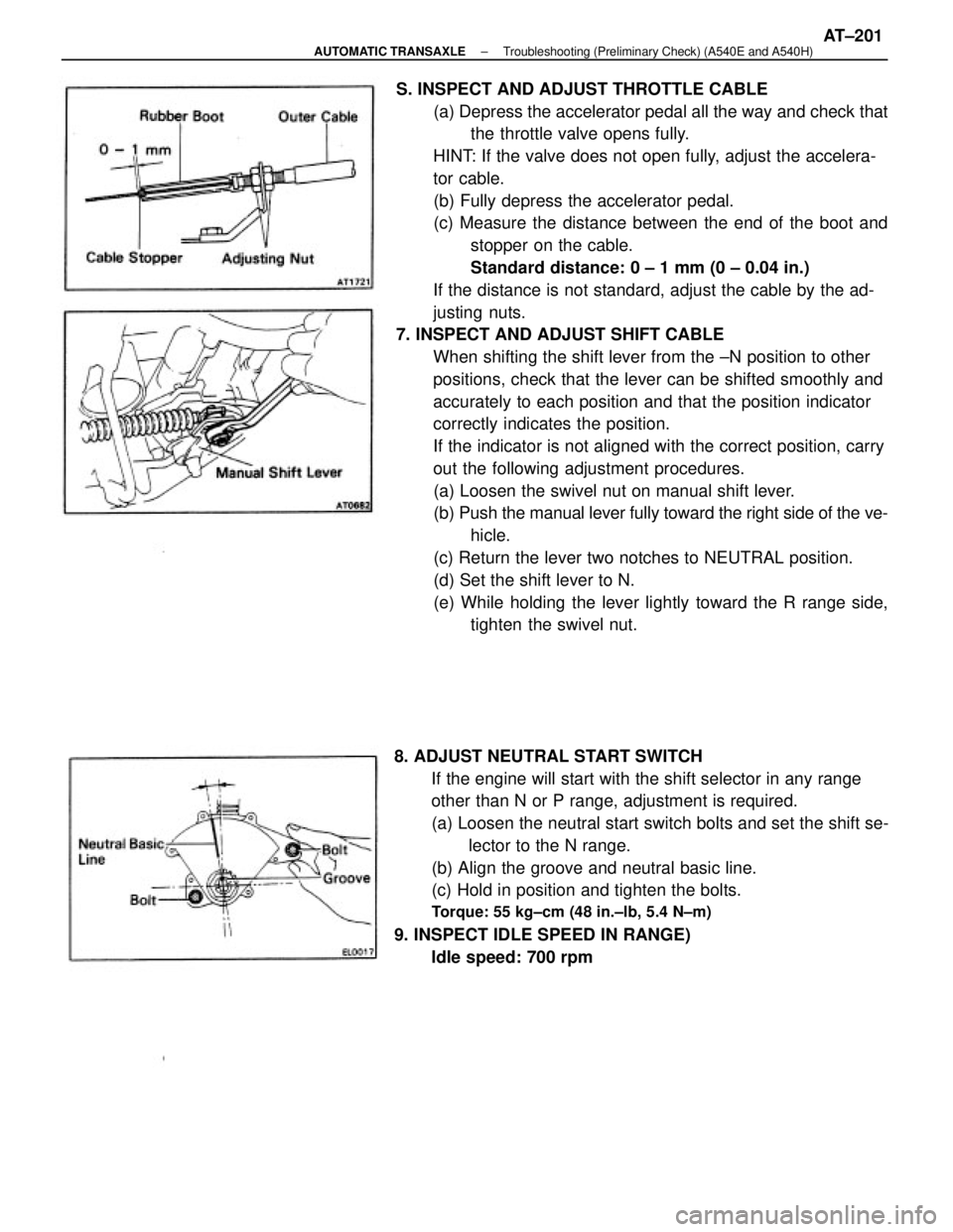 TOYOTA CAMRY V20 1986 Service Information S. INSPECT AND ADJUST THROTTLE CABLE
(a) Depress the accelerator pedal all the way and check that
the throttle valve opens fully.
HINT: If the valve does not open fully, adjust the accelera-
tor cable TOYOTA CAMRY V20 1986 Service Information S. INSPECT AND ADJUST THROTTLE CABLE
(a) Depress the accelerator pedal all the way and check that
the throttle valve opens fully.
HINT: If the valve does not open fully, adjust the accelera-
tor cable