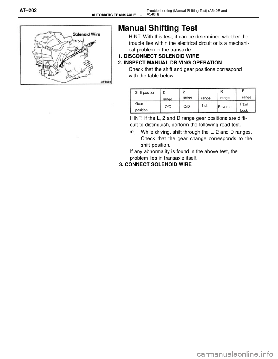 TOYOTA CAMRY V20 1986  Service Information Manual Shifting Test
HINT: With this test, it can be determined whether the
trouble lies within the electrical circuit or is a mechani-
cal problem in the transaxle.
1. DISCONNECT SOLENOID WIRE
2. INS