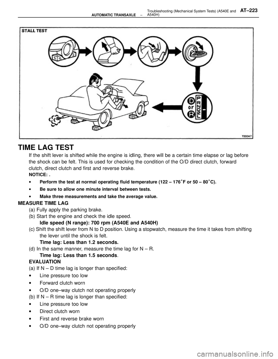TOYOTA CAMRY V20 1986 Service Information TIME LAG TEST
If the shift lever is shifted while the engine is idling, there will be a certain time elapse or lag before
the shock can be felt. This is used for checking the condition of the O/D dire TOYOTA CAMRY V20 1986 Service Information TIME LAG TEST
If the shift lever is shifted while the engine is idling, there will be a certain time elapse or lag before
the shock can be felt. This is used for checking the condition of the O/D dire