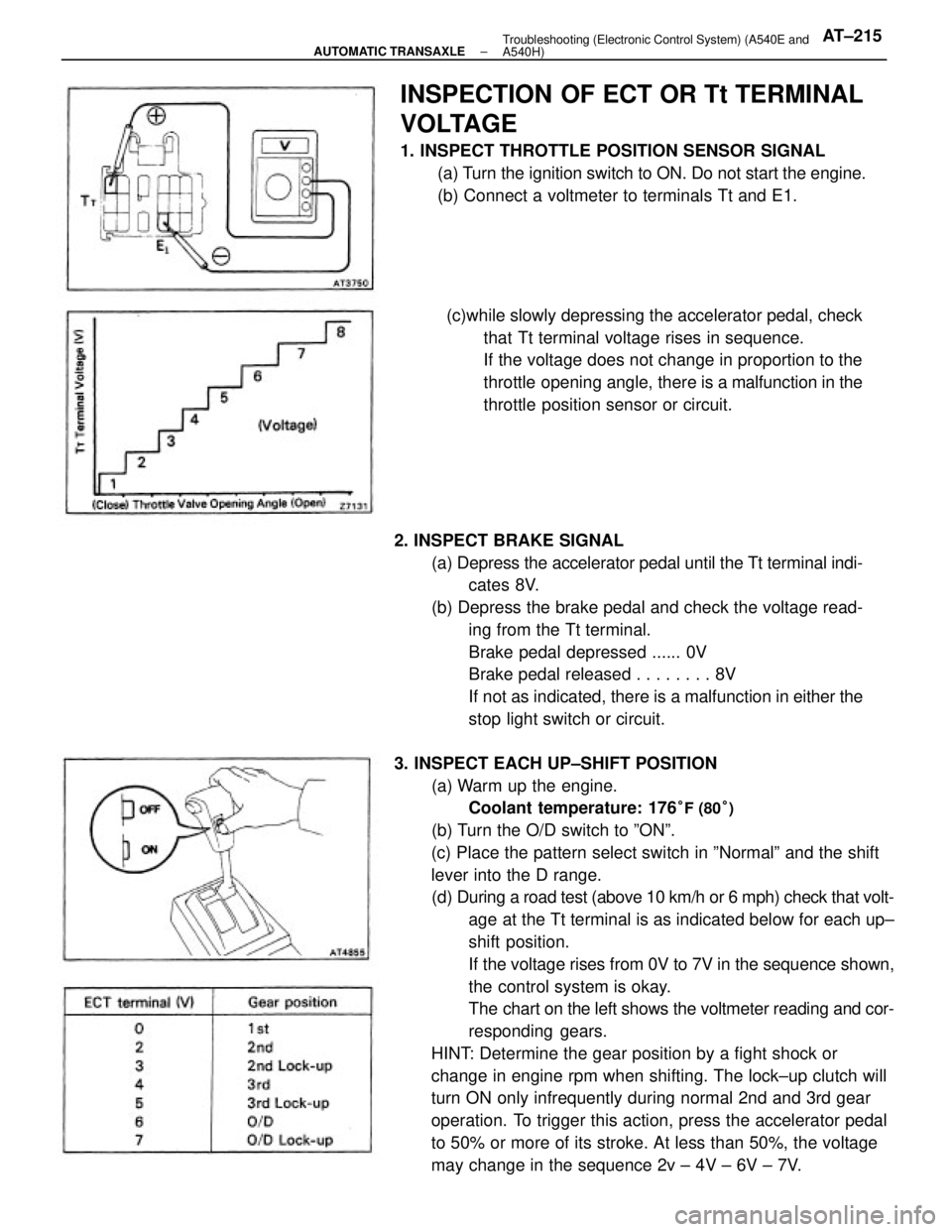 TOYOTA CAMRY V20 1986 Service Information 3. INSPECT EACH UP±SHIFT POSITION
(a) Warm up the engine.
Coolant temperature: 176
°F (80°)
(b) Turn the O/D switch to ºONº.
(c) Place the pattern select switch in ºNormalº and the shift
lever TOYOTA CAMRY V20 1986 Service Information 3. INSPECT EACH UP±SHIFT POSITION
(a) Warm up the engine.
Coolant temperature: 176
°F (80°)
(b) Turn the O/D switch to ºONº.
(c) Place the pattern select switch in ºNormalº and the shift
lever