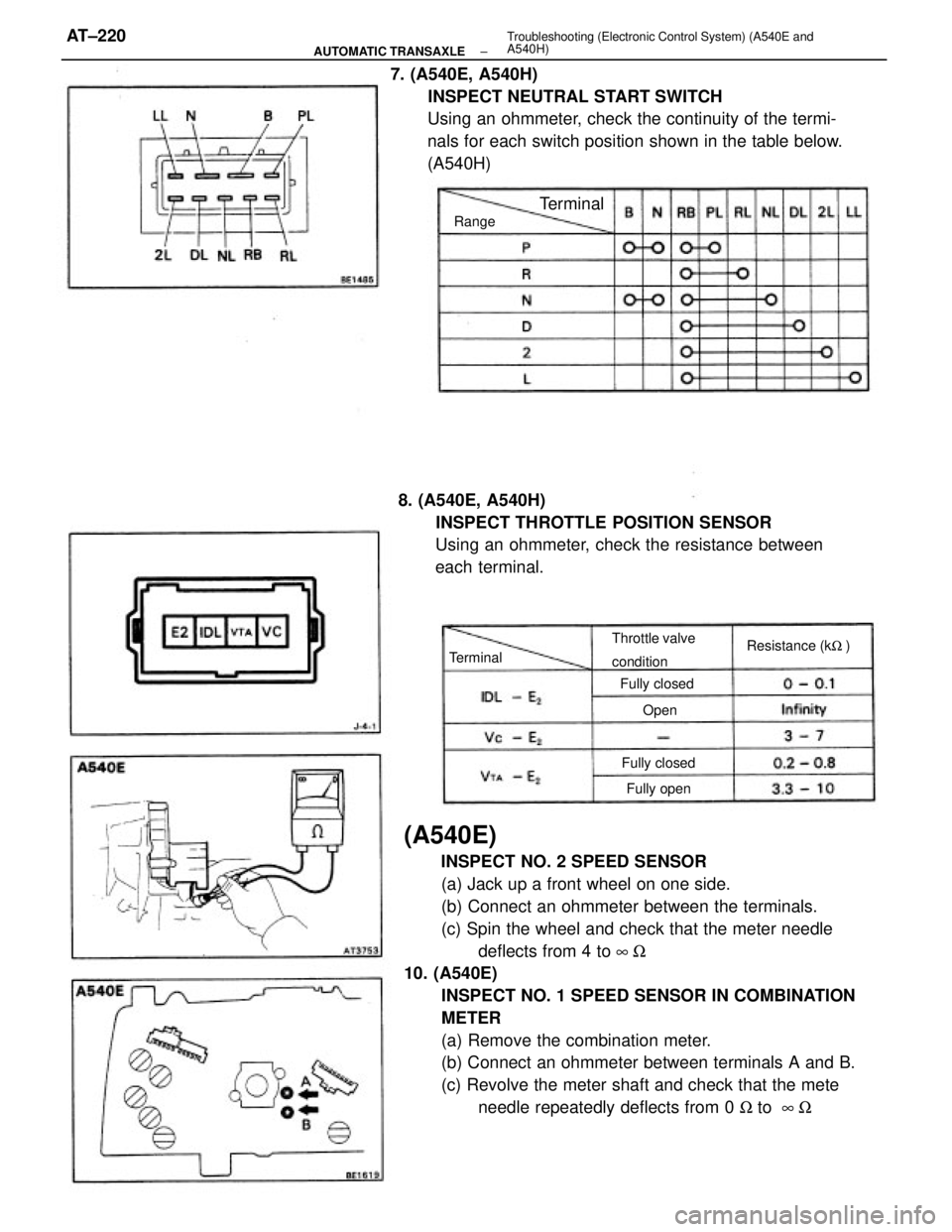 TOYOTA CAMRY V20 1986 Service Information (A540E)
INSPECT NO. 2 SPEED SENSOR
(a) Jack up a front wheel on one side.
(b) Connect an ohmmeter between the terminals.
(c) Spin the wheel and check that the meter needle
deflects from 4 to 8W
10. (A TOYOTA CAMRY V20 1986 Service Information (A540E)
INSPECT NO. 2 SPEED SENSOR
(a) Jack up a front wheel on one side.
(b) Connect an ohmmeter between the terminals.
(c) Spin the wheel and check that the meter needle
deflects from 4 to 8W
10. (A