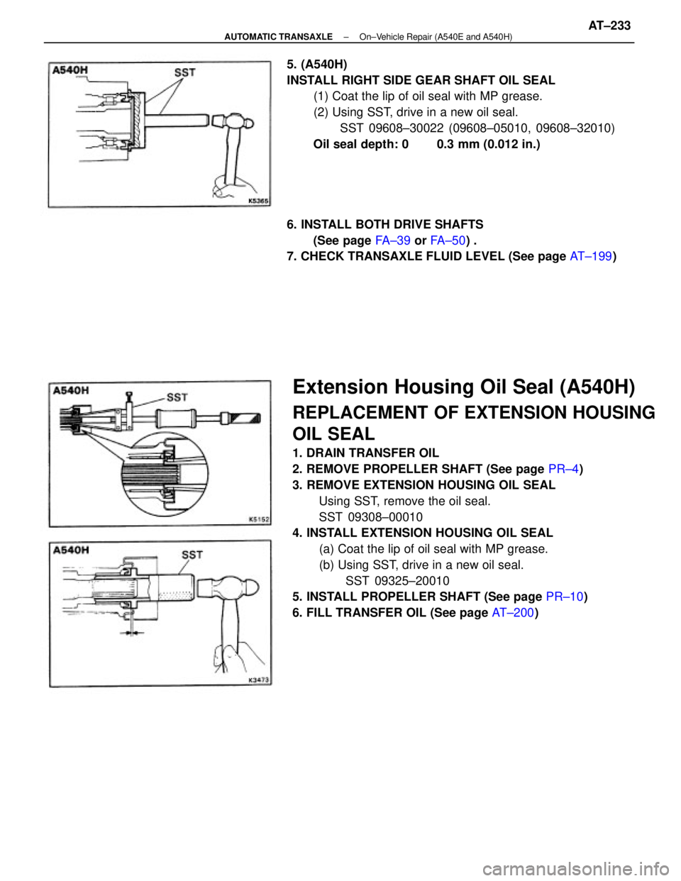 TOYOTA CAMRY V20 1986  Service Information Extension Housing Oil Seal (A540H)
REPLACEMENT OF EXTENSION HOUSING
OIL SEAL
1. DRAIN TRANSFER OIL
2. REMOVE PROPELLER SHAFT (See page PR±4)
3. REMOVE EXTENSION HOUSING OIL SEAL
Using SST, remove the