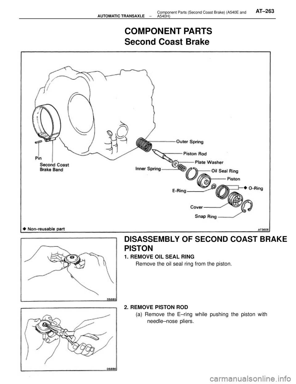 TOYOTA CAMRY V20 1986 Service Information DISASSEMBLY OF SECOND COAST BRAKE
PISTON
1. REMOVE OIL SEAL RING
Remove the oil seal ring from the piston.
2. REMOVE PISTON ROD
(a) Remove the E±ring while pushing the piston with
needle±nose plier TOYOTA CAMRY V20 1986 Service Information DISASSEMBLY OF SECOND COAST BRAKE
PISTON
1. REMOVE OIL SEAL RING
Remove the oil seal ring from the piston.
2. REMOVE PISTON ROD
(a) Remove the E±ring while pushing the piston with
needle±nose plier