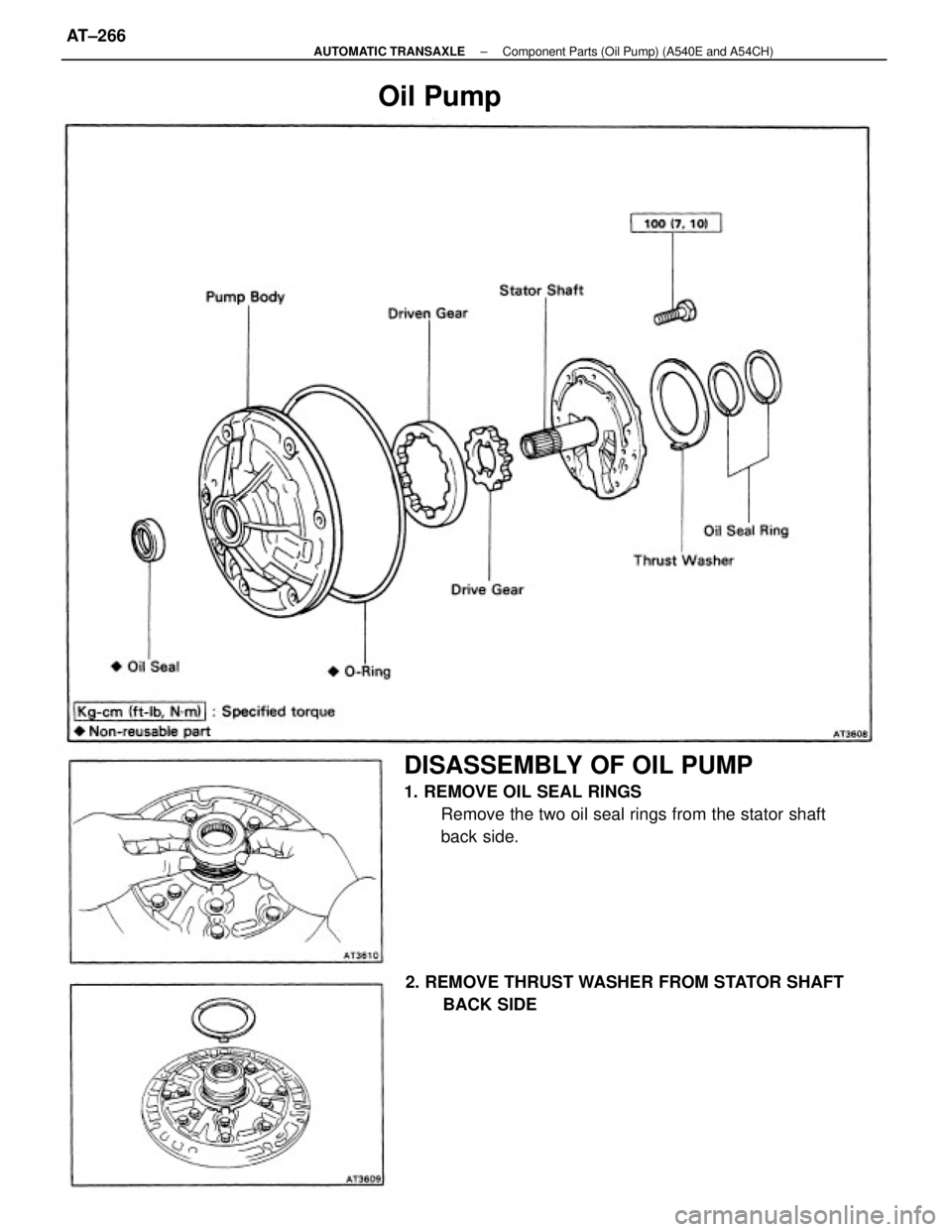 TOYOTA CAMRY V20 1986 Service Information DISASSEMBLY OF OIL PUMP
1. REMOVE OIL SEAL RINGS
Remove the two oil seal rings from the stator shaft
back side.
2. REMOVE THRUST WASHER FROM STATOR SHAFT
BACK SIDE
Oil Pump
± AUTOMATIC TRANSAXLECompo TOYOTA CAMRY V20 1986 Service Information DISASSEMBLY OF OIL PUMP
1. REMOVE OIL SEAL RINGS
Remove the two oil seal rings from the stator shaft
back side.
2. REMOVE THRUST WASHER FROM STATOR SHAFT
BACK SIDE
Oil Pump
± AUTOMATIC TRANSAXLECompo