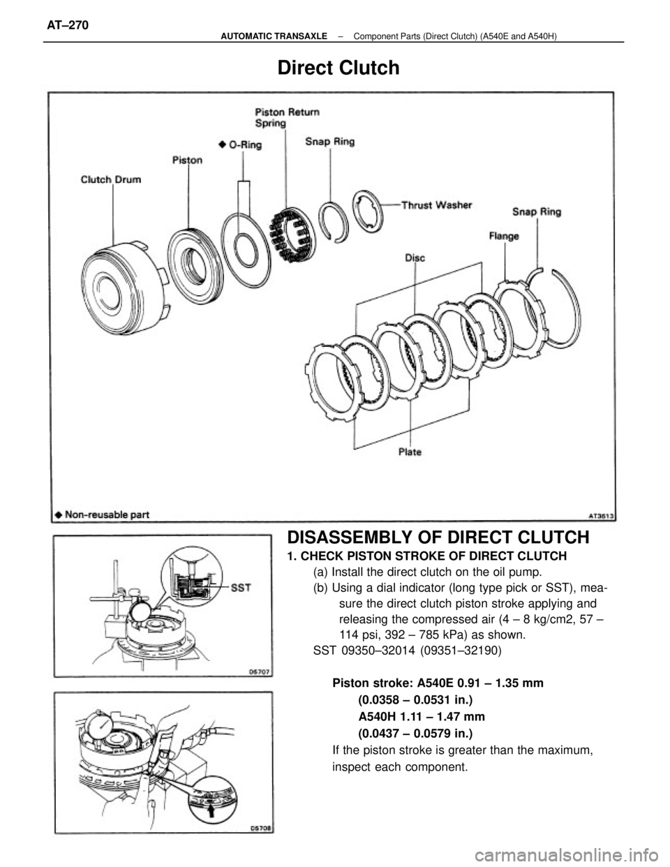 TOYOTA CAMRY V20 1986 Service Information DISASSEMBLY OF DIRECT CLUTCH
1. CHECK PISTON STROKE OF DIRECT CLUTCH
(a) Install the direct clutch on the oil pump.
(b) Using a dial indicator (long type pick or SST), mea-
sure the direct clutch pist TOYOTA CAMRY V20 1986 Service Information DISASSEMBLY OF DIRECT CLUTCH
1. CHECK PISTON STROKE OF DIRECT CLUTCH
(a) Install the direct clutch on the oil pump.
(b) Using a dial indicator (long type pick or SST), mea-
sure the direct clutch pist