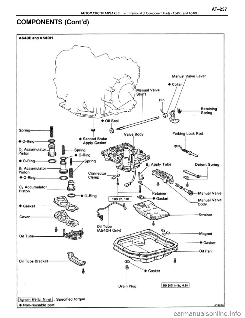 TOYOTA CAMRY V20 1986  Service Information COMPONENTS (Contd)
± AUTOMATIC TRANSAXLERemoval of Component Parts (A540E and A540H)AT±237 