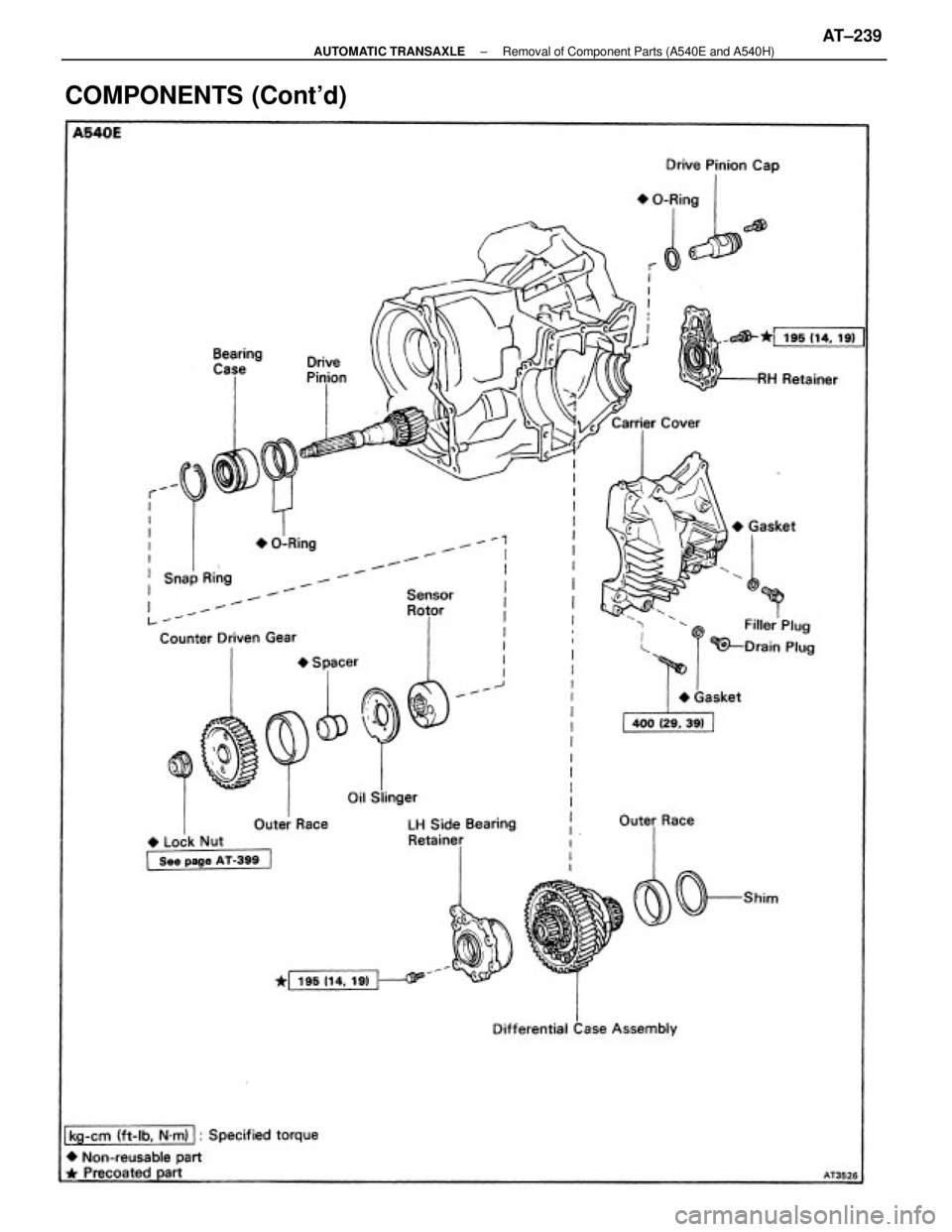 TOYOTA CAMRY V20 1986  Service Information COMPONENTS (Contd)
± AUTOMATIC TRANSAXLERemoval of Component Parts (A540E and A540H)AT±239 