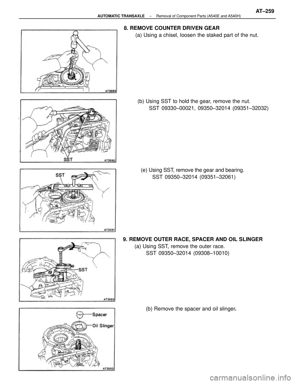TOYOTA CAMRY V20 1986  Service Information 9. REMOVE OUTER RACE, SPACER AND OIL SLINGER
(a) Using SST, remove the outer race.
SST 09350±32014 (09308±10010) 8. REMOVE COUNTER DRIVEN GEAR
(a) Using a chisel, loosen the staked part of the nut.
