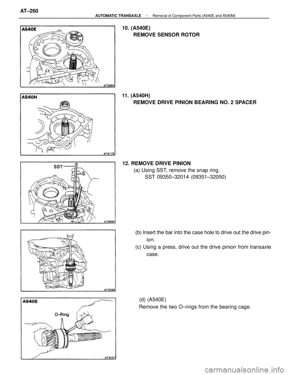 TOYOTA CAMRY V20 1986 Service Information (b) Insert the bar into the case hole to drive out the drive pin-
ion.
(c) Using a press, drive out the drive pinion from transaxle
case. 11. (A540H)
REMOVE DRIVE PINION BEARING NO. 2 SPACER
12. REMOV TOYOTA CAMRY V20 1986 Service Information (b) Insert the bar into the case hole to drive out the drive pin-
ion.
(c) Using a press, drive out the drive pinion from transaxle
case. 11. (A540H)
REMOVE DRIVE PINION BEARING NO. 2 SPACER
12. REMOV