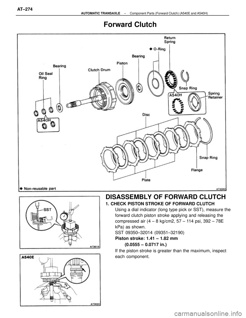 TOYOTA CAMRY V20 1986  Service Information DISASSEMBLY OF FORWARD CLUTCH
1. CHECK PISTON STROKE OF FORWARD CLUTCH
Using a dial indicator (long type pick or SST), measure the
forward clutch piston stroke applying and releasing the
compressed ai