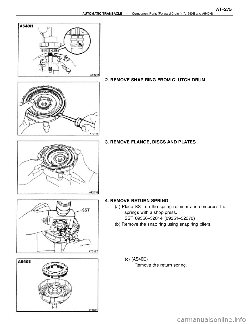 TOYOTA CAMRY V20 1986  Service Information 4. REMOVE RETURN SPRING
(a) Place SST on the spring retainer and compress the
springs with a shop press.
SST 09350±32014 (09351±32070)
(b) Remove the snap ring using snap ring pliers. 2. REMOVE SNAP