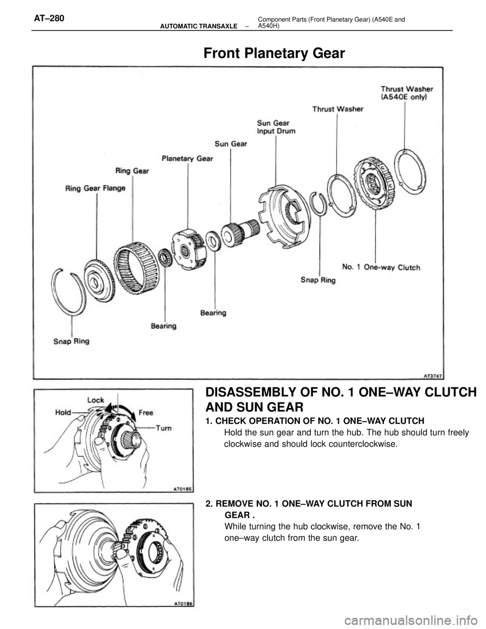 TOYOTA CAMRY V20 1986  Service Information DISASSEMBLY OF NO. 1 ONE±WAY CLUTCH
AND SUN GEAR
1. CHECK OPERATION OF NO. 1 ONE±WAY CLUTCH
Hold the sun gear and turn the hub. The hub should turn freely
clockwise and should lock counterclockwise.