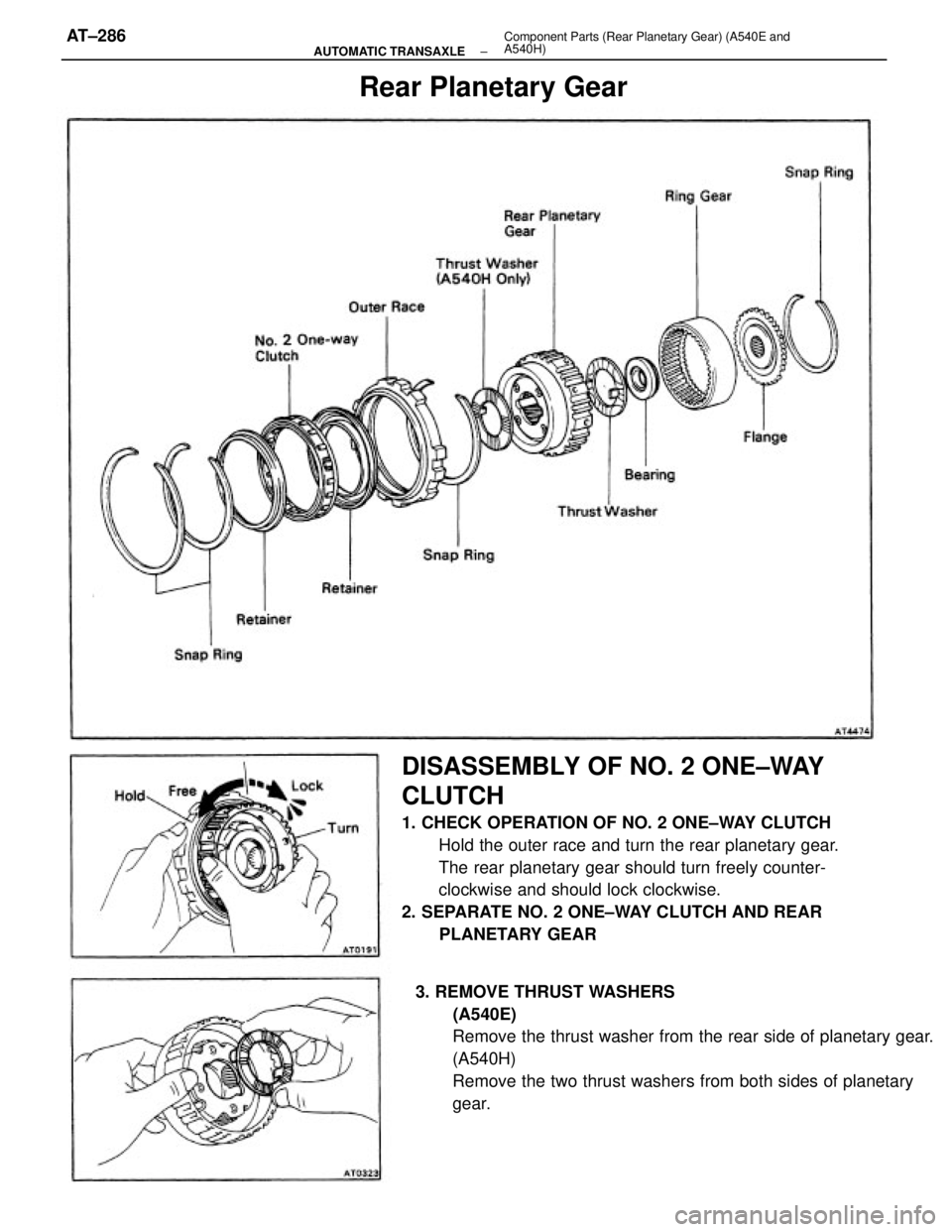 TOYOTA CAMRY V20 1986  Service Information DISASSEMBLY OF NO. 2 ONE±WAY
CLUTCH
1. CHECK OPERATION OF NO. 2 ONE±WAY CLUTCH
Hold the outer race and turn the rear planetary gear.
The rear planetary gear should turn freely counter-
clockwise and