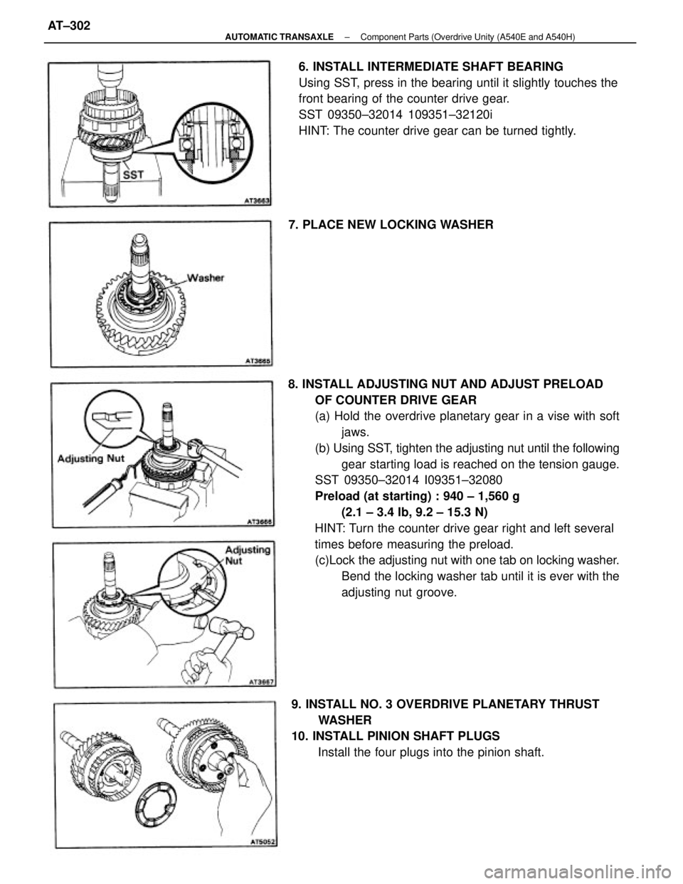 TOYOTA CAMRY V20 1986 Service Information 8. INSTALL ADJUSTING NUT AND ADJUST PRELOAD
OF COUNTER DRIVE GEAR
(a) Hold the overdrive planetary gear in a vise with soft
jaws.
(b) Using SST, tighten the adjusting nut until the following
gear star TOYOTA CAMRY V20 1986 Service Information 8. INSTALL ADJUSTING NUT AND ADJUST PRELOAD
OF COUNTER DRIVE GEAR
(a) Hold the overdrive planetary gear in a vise with soft
jaws.
(b) Using SST, tighten the adjusting nut until the following
gear star