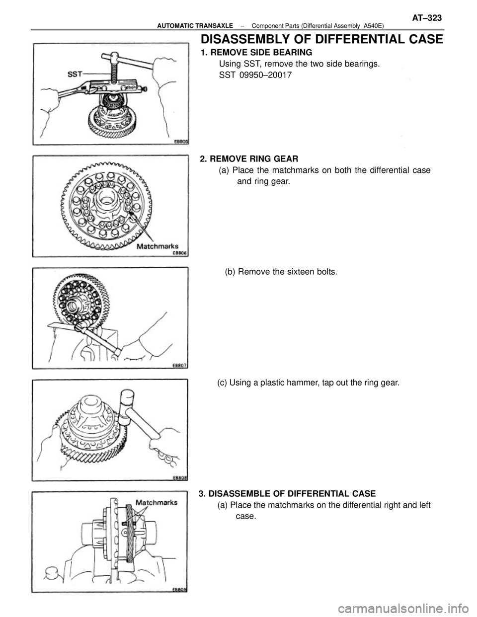 TOYOTA CAMRY V20 1986  Service Information DISASSEMBLY OF DIFFERENTIAL CASE
1. REMOVE SIDE BEARING
Using SST, remove the two side bearings.
SST 09950±20017
2. REMOVE RING GEAR
(a) Place the matchmarks on both the differential case
and ring ge
