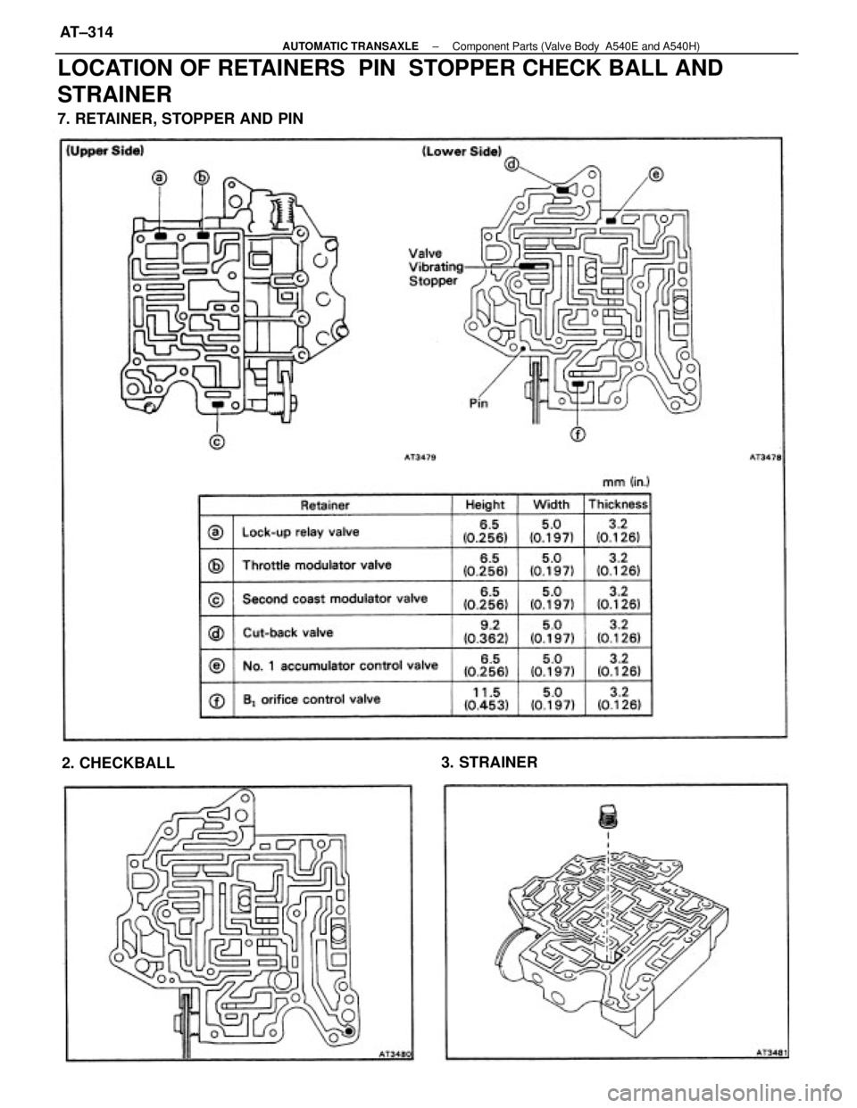 TOYOTA CAMRY V20 1986  Service Information LOCATION OF RETAINERS  PIN  STOPPER CHECK BALL AND
STRAINER
7. RETAINER, STOPPER AND PIN
2. CHECKBALL3. STRAINER
± AUTOMATIC TRANSAXLEComponent Parts (Valve Body  A540E and A540H)AT±314 