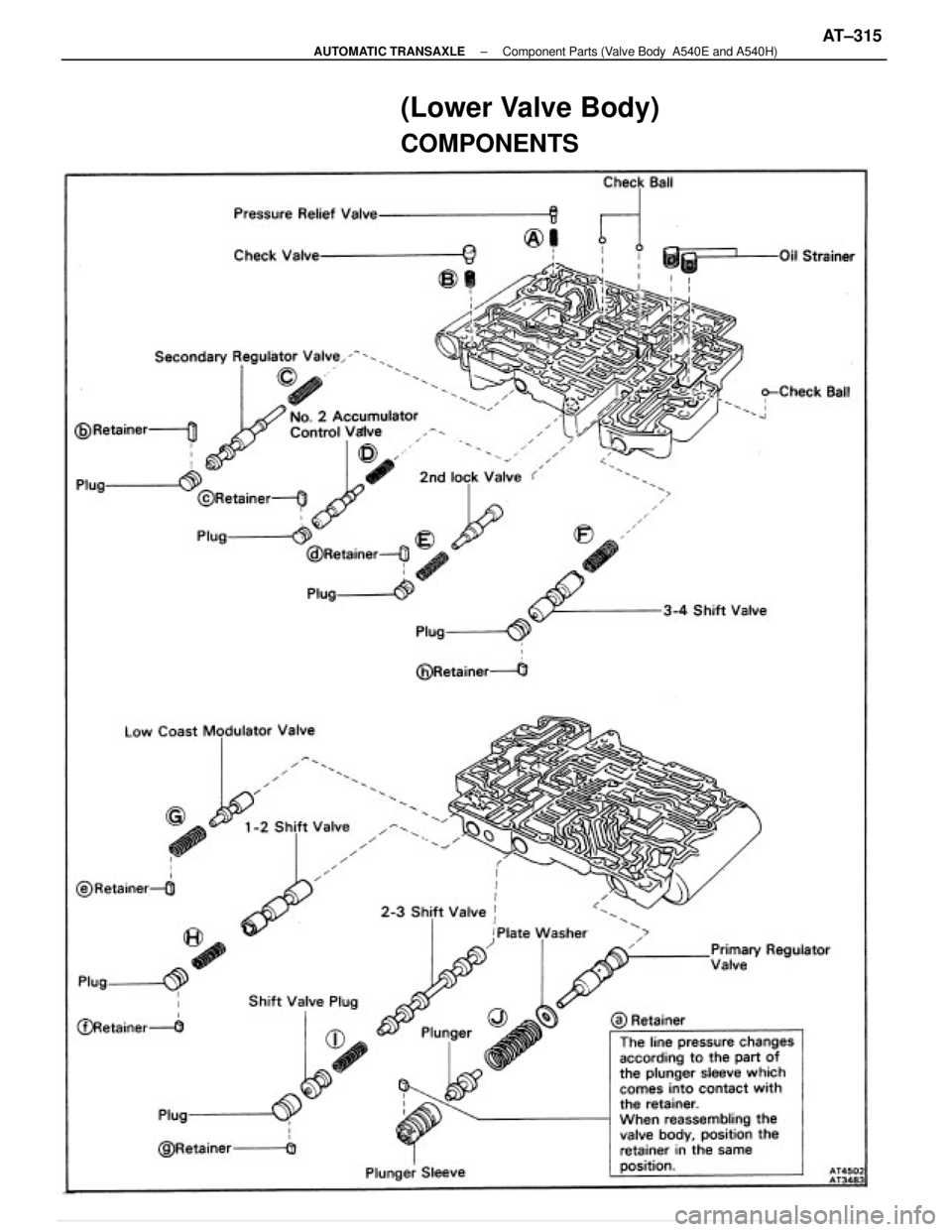 TOYOTA CAMRY V20 1986  Service Information (Lower Valve Body)
COMPONENTS
± AUTOMATIC TRANSAXLEComponent Parts (Valve Body  A540E and A540H)AT±315 