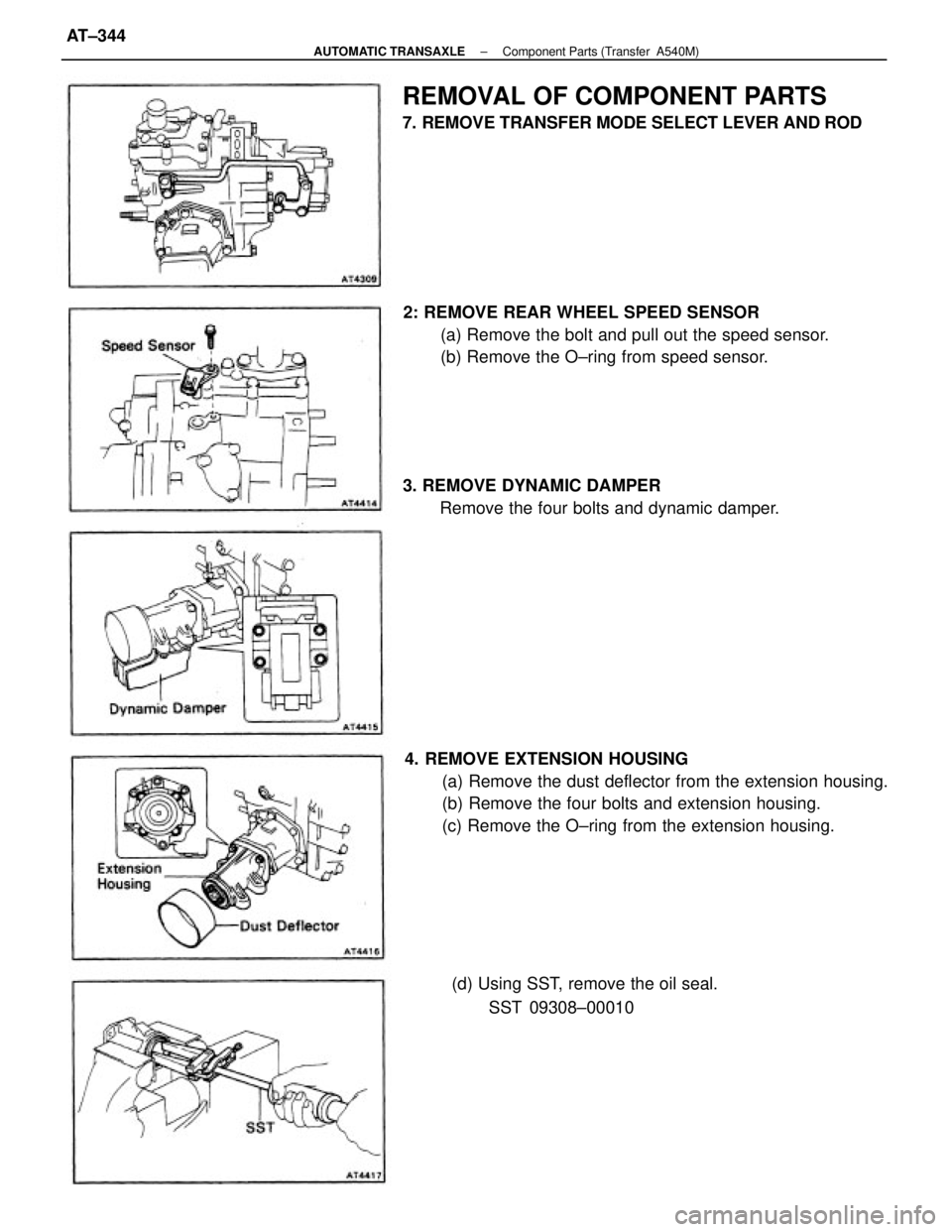 TOYOTA CAMRY V20 1986 Service Information 4. REMOVE EXTENSION HOUSING
(a) Remove the dust deflector from the extension housing.
(b) Remove the four bolts and extension housing.
(c) Remove the O±ring from the extension housing. 3. REMOVE DYNA TOYOTA CAMRY V20 1986 Service Information 4. REMOVE EXTENSION HOUSING
(a) Remove the dust deflector from the extension housing.
(b) Remove the four bolts and extension housing.
(c) Remove the O±ring from the extension housing. 3. REMOVE DYNA