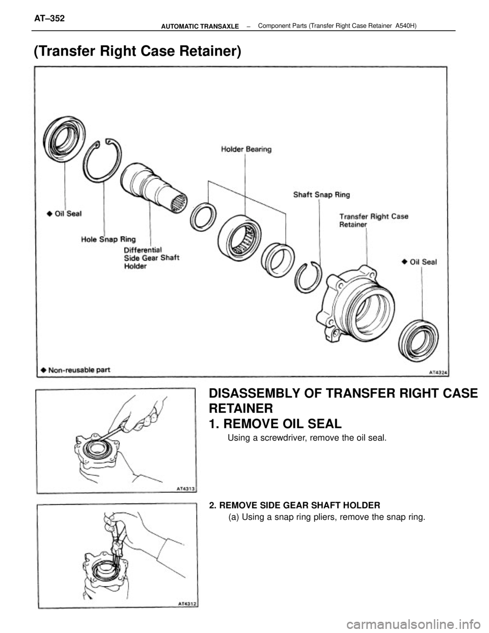 TOYOTA CAMRY V20 1986  Service Information DISASSEMBLY OF TRANSFER RIGHT CASE
RETAINER
1. REMOVE OIL SEAL
Using a screwdriver, remove the oil seal.
2. REMOVE SIDE GEAR SHAFT HOLDER
(a) Using a snap ring pliers, remove the snap ring.
(Transfer 