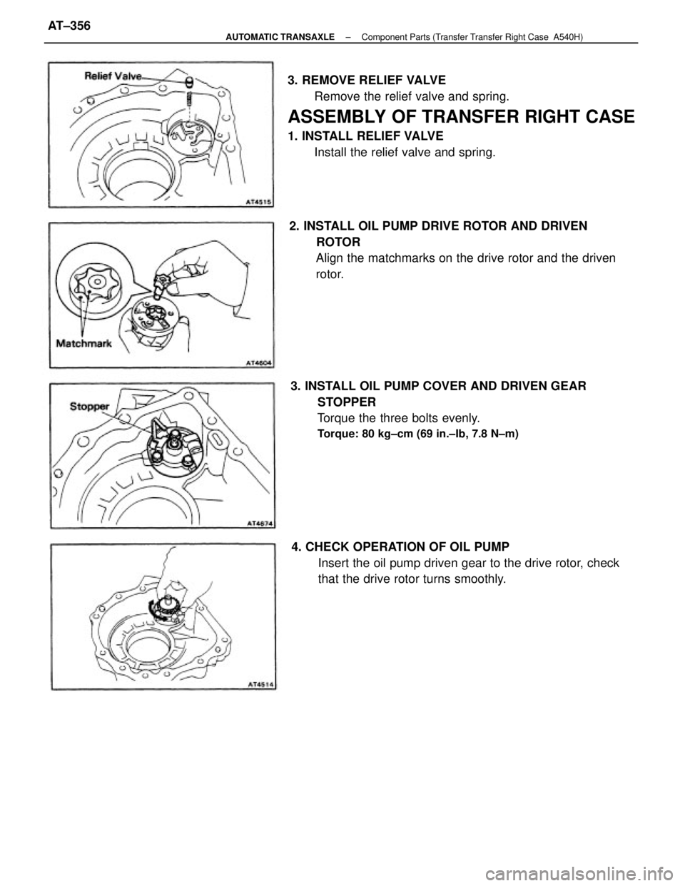 TOYOTA CAMRY V20 1986  Service Information 3. REMOVE RELIEF VALVE
Remove the relief valve and spring.
ASSEMBLY OF TRANSFER RIGHT CASE
1. INSTALL RELIEF VALVE
Install the relief valve and spring.
3. INSTALL OIL PUMP COVER AND DRIVEN GEAR
STOPPE