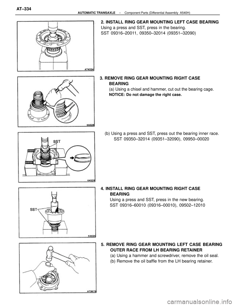 TOYOTA CAMRY V20 1986 Service Information 5. REMOVE RING GEAR MOUNTING LEFT CASE BEARING
OUTER RACE FROM LH BEARING RETAINER
(a) Using a hammer and screwdriver, remove the oil seal.
(b) Remove the oil baffle from the LH bearing retainer. 3. R TOYOTA CAMRY V20 1986 Service Information 5. REMOVE RING GEAR MOUNTING LEFT CASE BEARING
OUTER RACE FROM LH BEARING RETAINER
(a) Using a hammer and screwdriver, remove the oil seal.
(b) Remove the oil baffle from the LH bearing retainer. 3. R