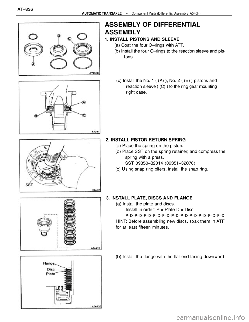TOYOTA CAMRY V20 1986 Service Information 2. INSTALL PISTON RETURN SPRING
(a) Place the spring on the piston.
(b) Place SST on the spring retainer, and compress the
spring with a press.
SST 09350±32014 (09351±32070)
(c) Using snap ring plie TOYOTA CAMRY V20 1986 Service Information 2. INSTALL PISTON RETURN SPRING
(a) Place the spring on the piston.
(b) Place SST on the spring retainer, and compress the
spring with a press.
SST 09350±32014 (09351±32070)
(c) Using snap ring plie