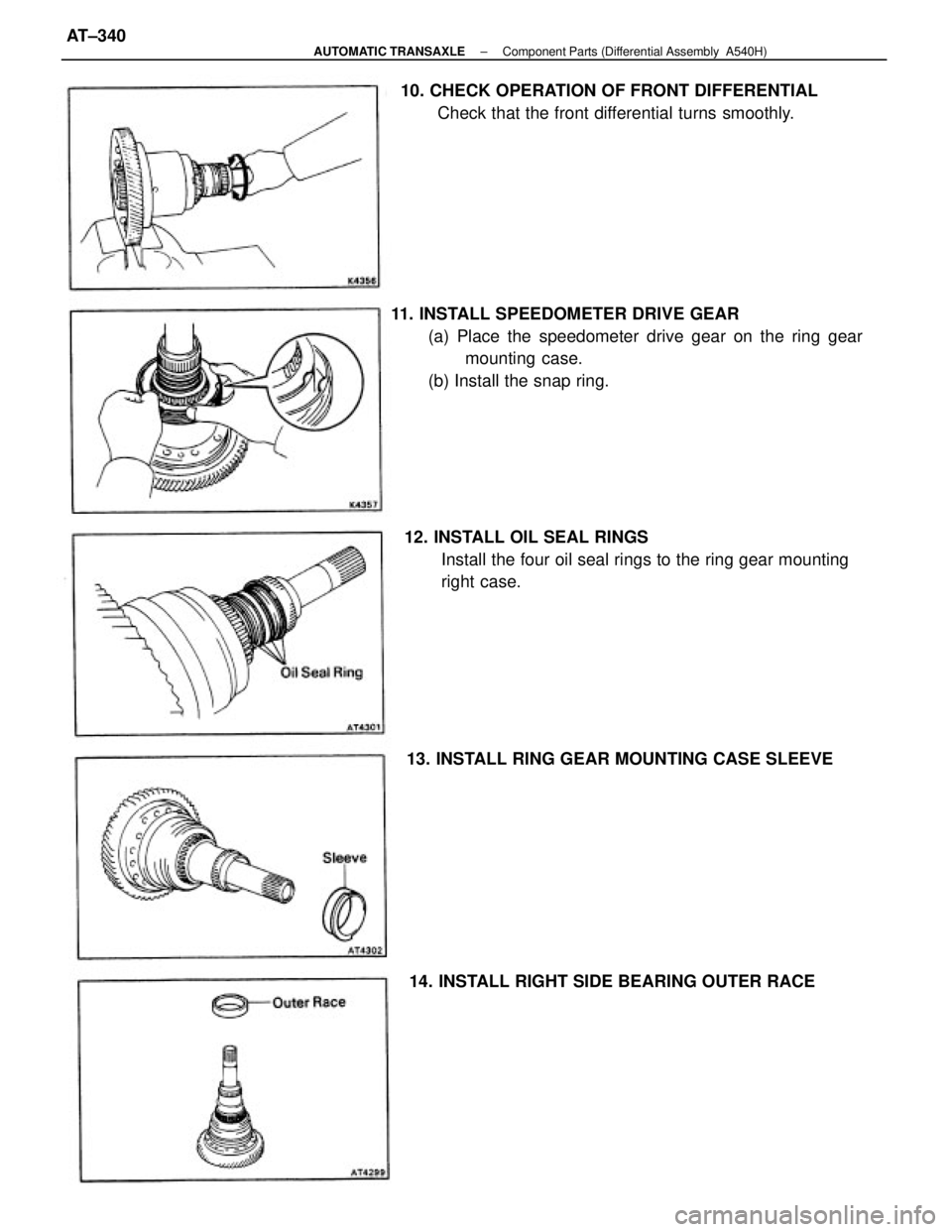 TOYOTA CAMRY V20 1986 Service Information 11. INSTALL SPEEDOMETER DRIVE GEAR
(a) Place the speedometer drive gear on the ring gear
mounting case.
(b) Install the snap ring.
12. INSTALL OIL SEAL RINGS
Install the four oil seal rings to the ri TOYOTA CAMRY V20 1986 Service Information 11. INSTALL SPEEDOMETER DRIVE GEAR
(a) Place the speedometer drive gear on the ring gear
mounting case.
(b) Install the snap ring.
12. INSTALL OIL SEAL RINGS
Install the four oil seal rings to the ri