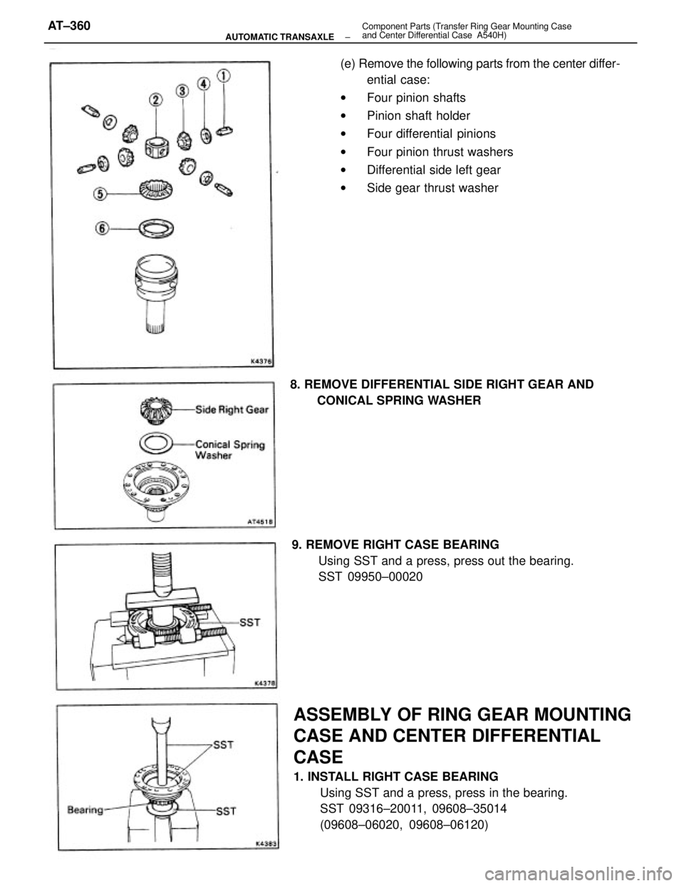 TOYOTA CAMRY V20 1986  Service Information (e) Remove the following parts from the center differ-
ential case:
wFour pinion shafts
wPinion shaft holder
wFour differential  pinions
wFour pinion thrust washers
wDifferential side left gear
wSide 
