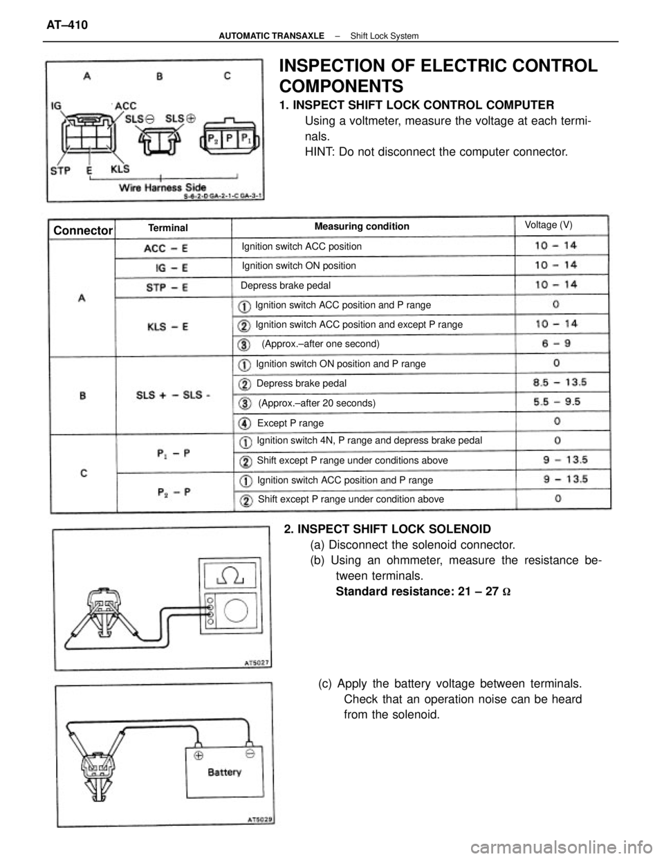 TOYOTA CAMRY V20 1986  Service Information INSPECTION OF ELECTRIC CONTROL
COMPONENTS
1. INSPECT SHIFT LOCK CONTROL COMPUTER
Using a voltmeter, measure the voltage at each termi-
nals.
HINT: Do not disconnect the computer connector.
2. INSPECT 