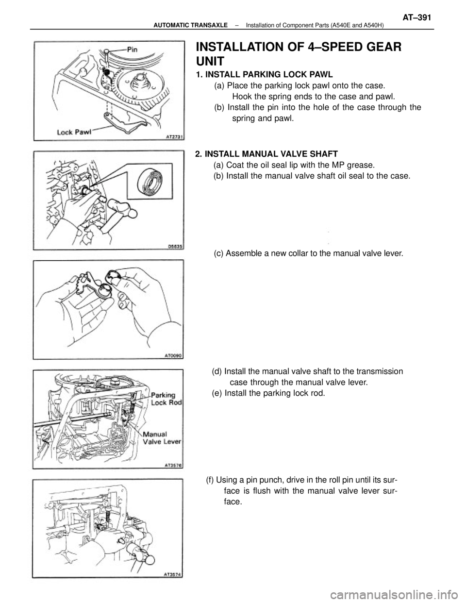 TOYOTA CAMRY V20 1986  Service Information INSTALLATION OF 4±SPEED GEAR
UNIT
1. INSTALL PARKING LOCK PAWL
(a) Place the parking lock pawl onto the case.
Hook the spring ends to the case and pawl.
(b) Install the pin into the hole of the case 