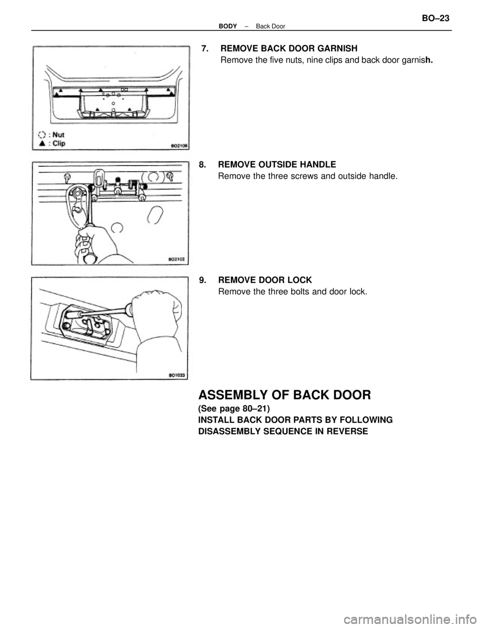 TOYOTA CAMRY V20 1986  Service Information ASSEMBLY OF BACK DOOR
(See page 80±21)
INSTALL BACK DOOR PARTS BY FOLLOWING
DISASSEMBLY SEQUENCE IN REVERSE7.  REMOVE BACK DOOR GARNISH
Remove the five nuts, nine clips and back door garnish.
8.  REM