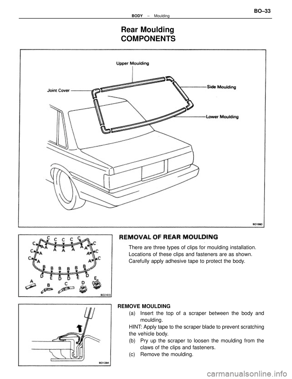TOYOTA CAMRY V20 1986  Service Information REMOVE MOULDING
(a)  Insert the top of a scraper between the body and
moulding.
HINT: Apply tape to the scraper blade to prevent scratching
the vehicle body.
(b)  Pry up the scraper to loosen the moul