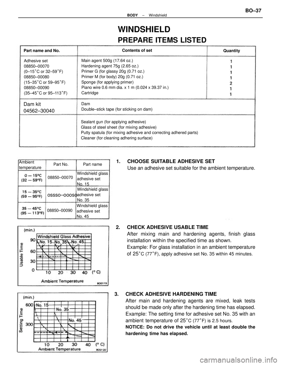 TOYOTA CAMRY V20 1986 Service Information 3. CHECK ADHESIVE HARDENING TIME
After main and hardening agents are mixed, leak tests
should be made only after the hardening time has elapsed.
Example: The setting time for adhesive set No. 35 wit TOYOTA CAMRY V20 1986 Service Information 3. CHECK ADHESIVE HARDENING TIME
After main and hardening agents are mixed, leak tests
should be made only after the hardening time has elapsed.
Example: The setting time for adhesive set No. 35 wit