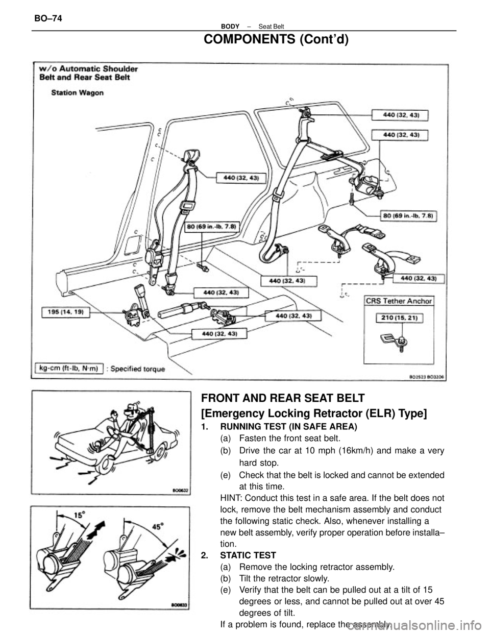 TOYOTA CAMRY V20 1986  Service Information FRONT AND REAR SEAT BELT
[Emergency Locking Retractor (ELR) Type]
1.  RUNNING TEST (IN SAFE AREA)
(a)  Fasten the front seat belt.
(b)  Drive the car at 10 mph (16km/h) and make a very
hard stop.
(e) 