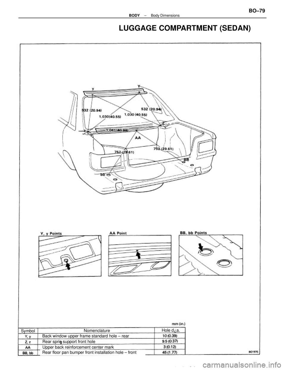 TOYOTA CAMRY V20 1986  Service Information LUGGAGE COMPARTMENT (SEDAN)
Rear floor pan bumper front installation hole ± front Back window upper frame standard hole ± rear
Upper back reinforcement center mark Rear sprin support front holeNomen