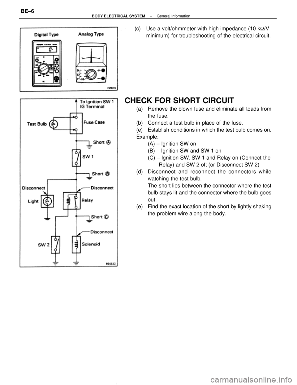 TOYOTA CAMRY V20 1986  Service Information CHECK FOR SHORT CIRCUIT
(a)  Remove the blown fuse and eliminate all toads from
the fuse.
(b)  Connect a test bulb in place of the fuse.
(e)  Establish conditions in which the test bulb comes on.
Exam