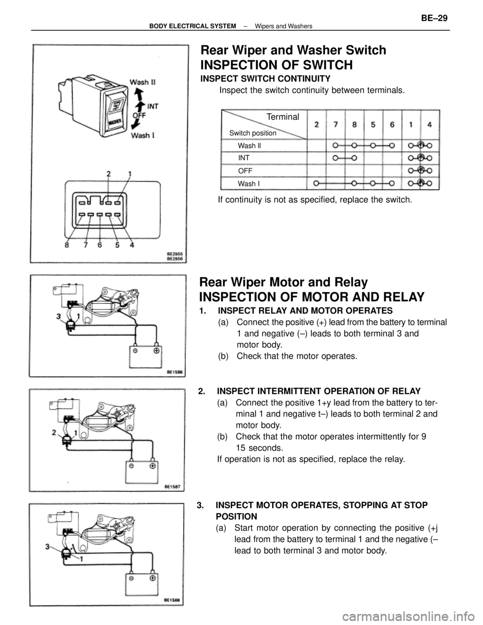 TOYOTA CAMRY V20 1986 Service Information Rear Wiper Motor and Relay
INSPECTION OF MOTOR AND RELAY
1. INSPECT RELAY AND MOTOR OPERATES
(a) Connect the positive (+) lead from the battery to terminal
1 and negative (±) leads to both terminal TOYOTA CAMRY V20 1986 Service Information Rear Wiper Motor and Relay
INSPECTION OF MOTOR AND RELAY
1. INSPECT RELAY AND MOTOR OPERATES
(a) Connect the positive (+) lead from the battery to terminal
1 and negative (±) leads to both terminal