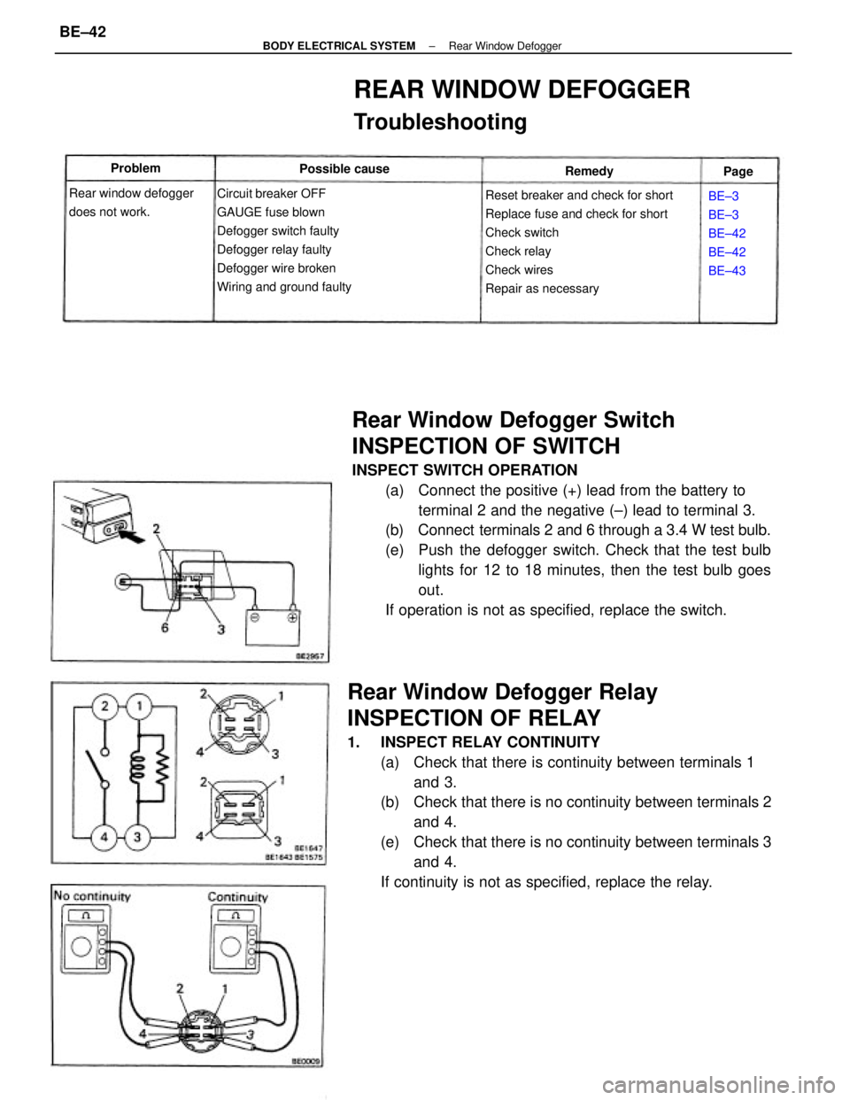 TOYOTA CAMRY V20 1986 Service Information Rear Window Defogger Switch
INSPECTION OF SWITCH
INSPECT SWITCH OPERATION
(a) Connect the positive (+) lead from the battery to
terminal 2 and the negative (±) lead to terminal 3.
(b) Connect term TOYOTA CAMRY V20 1986 Service Information Rear Window Defogger Switch
INSPECTION OF SWITCH
INSPECT SWITCH OPERATION
(a) Connect the positive (+) lead from the battery to
terminal 2 and the negative (±) lead to terminal 3.
(b) Connect term