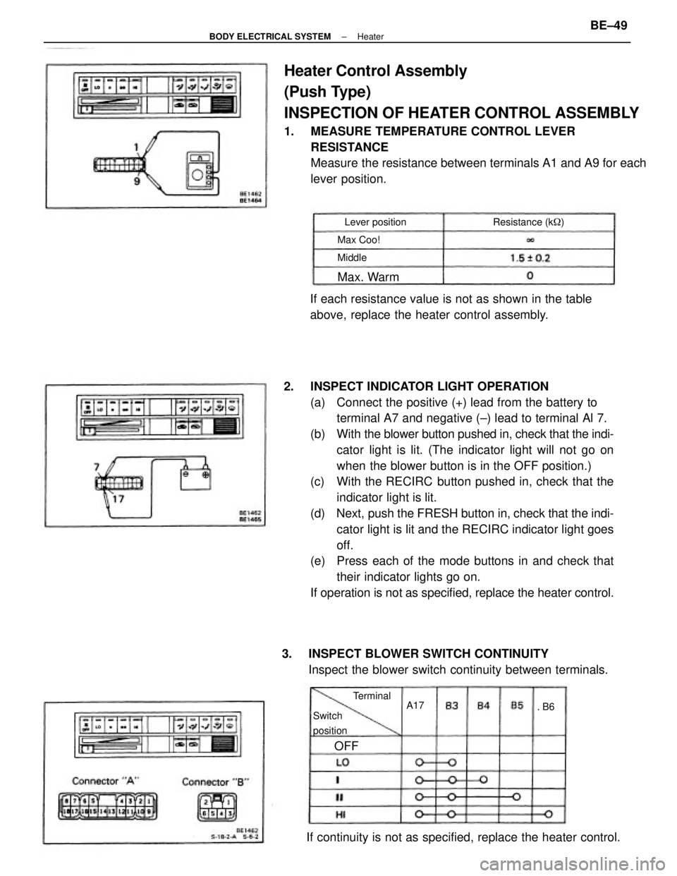 TOYOTA CAMRY V20 1986 Service Information 2. INSPECT INDICATOR LIGHT OPERATION
(a) Connect the positive (+) lead from the battery to
terminal A7 and negative (±) lead to terminal Al 7.
(b) With the blower button pushed in, check that the i TOYOTA CAMRY V20 1986 Service Information 2. INSPECT INDICATOR LIGHT OPERATION
(a) Connect the positive (+) lead from the battery to
terminal A7 and negative (±) lead to terminal Al 7.
(b) With the blower button pushed in, check that the i