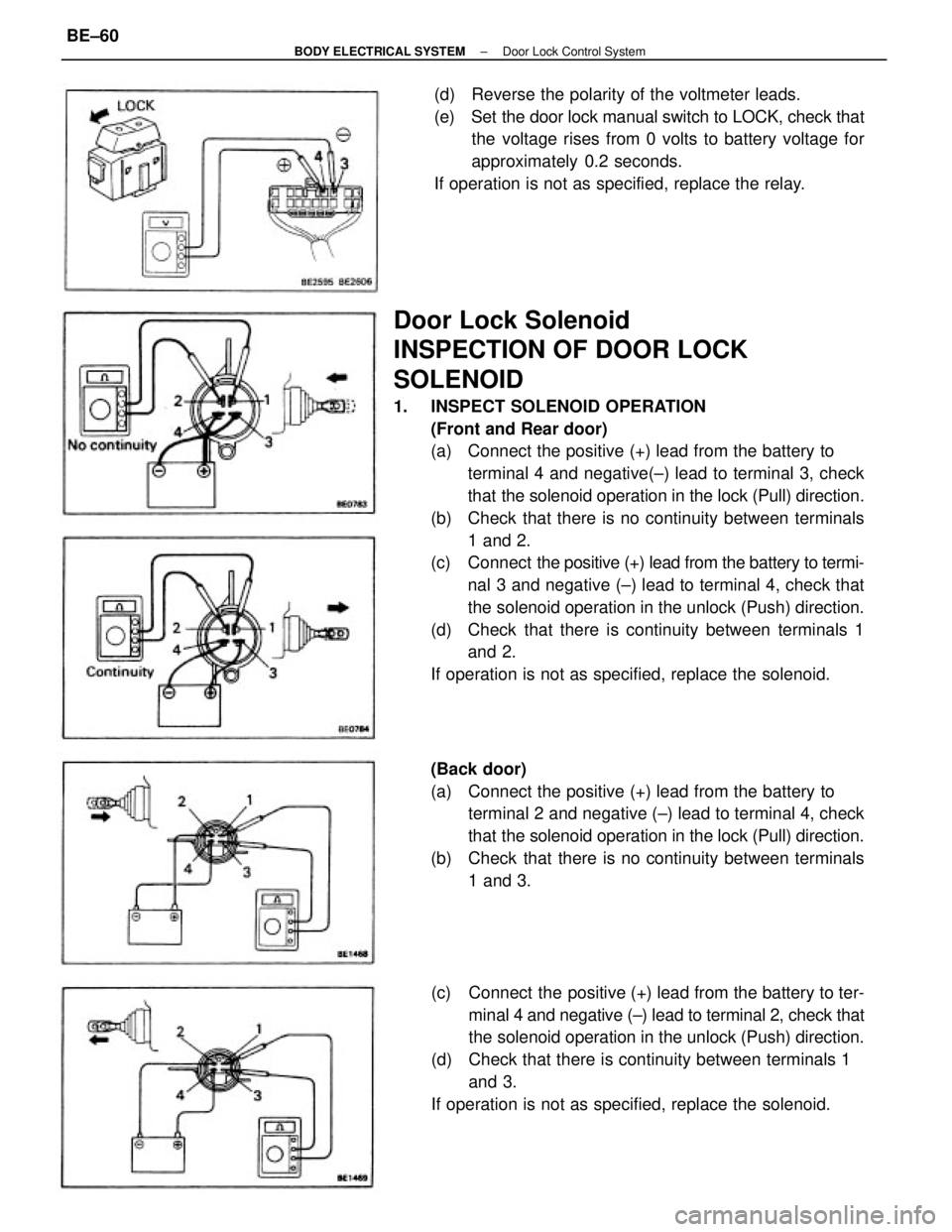 TOYOTA CAMRY V20 1986 Service Information Door Lock Solenoid
INSPECTION OF DOOR LOCK
SOLENOID
1. INSPECT SOLENOID OPERATION
(Front and Rear door)
(a) Connect the positive (+) lead from the battery to
terminal 4 and negative(±) lead to term TOYOTA CAMRY V20 1986 Service Information Door Lock Solenoid
INSPECTION OF DOOR LOCK
SOLENOID
1. INSPECT SOLENOID OPERATION
(Front and Rear door)
(a) Connect the positive (+) lead from the battery to
terminal 4 and negative(±) lead to term