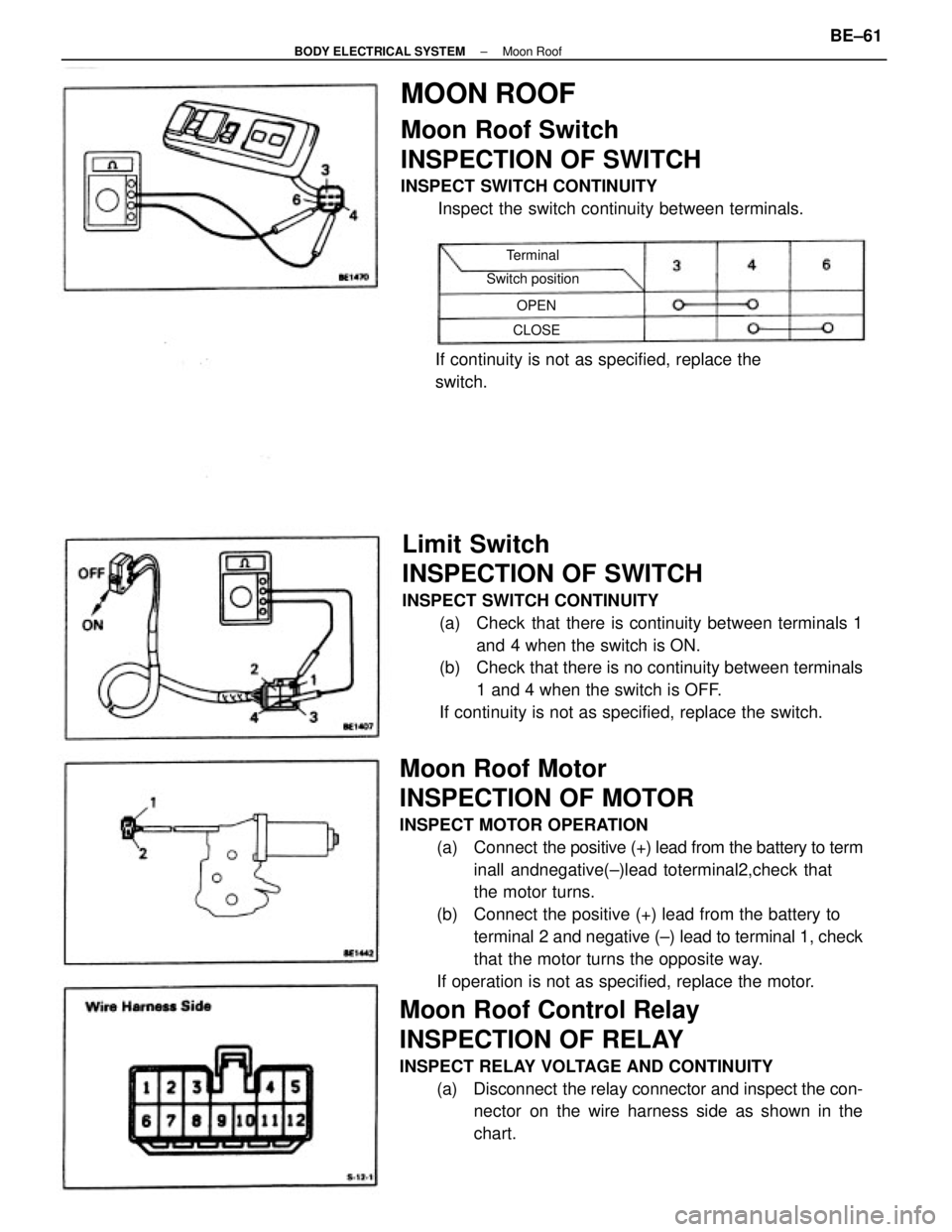 TOYOTA CAMRY V20 1986 Service Information Moon Roof Motor
INSPECTION OF MOTOR
INSPECT MOTOR OPERATION
(a) Connect the positive (+) lead from the battery to term
inall andnegative(±)lead toterminal2,check that
the motor turns.
(b) Connect t TOYOTA CAMRY V20 1986 Service Information Moon Roof Motor
INSPECTION OF MOTOR
INSPECT MOTOR OPERATION
(a) Connect the positive (+) lead from the battery to term
inall andnegative(±)lead toterminal2,check that
the motor turns.
(b) Connect t