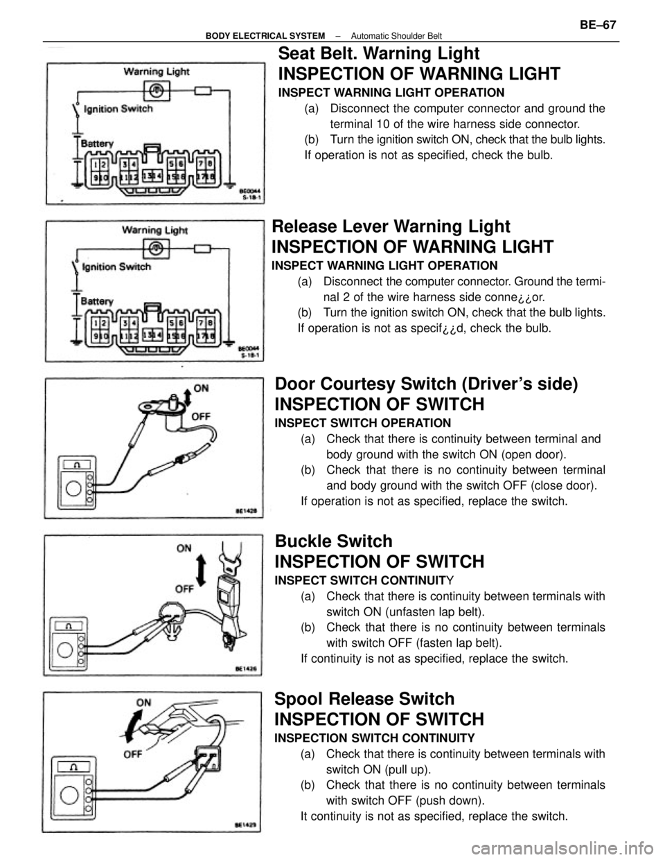 TOYOTA CAMRY V20 1986 Service Information Seat Belt. Warning Light
INSPECTION OF WARNING LIGHT
INSPECT WARNING LIGHT OPERATION
(a) Disconnect the computer connector and ground the
terminal 10 of the wire harness side connector.
(b) Turn the TOYOTA CAMRY V20 1986 Service Information Seat Belt. Warning Light
INSPECTION OF WARNING LIGHT
INSPECT WARNING LIGHT OPERATION
(a) Disconnect the computer connector and ground the
terminal 10 of the wire harness side connector.
(b) Turn the