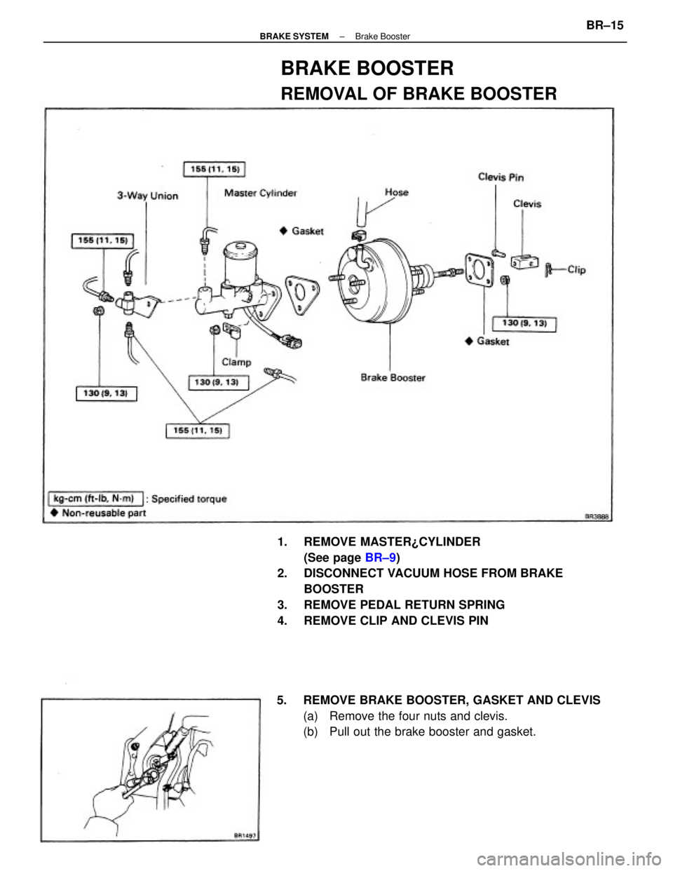 TOYOTA CAMRY V20 1986  Service Information 1. REMOVE MASTER¿CYLINDER
(See page BR±9)
2.  DISCONNECT VACUUM HOSE FROM BRAKE
BOOSTER
3.  REMOVE PEDAL RETURN SPRING
4.  REMOVE CLIP AND CLEVIS PIN
5.  REMOVE BRAKE BOOSTER, GASKET AND CLEVIS
(a) 