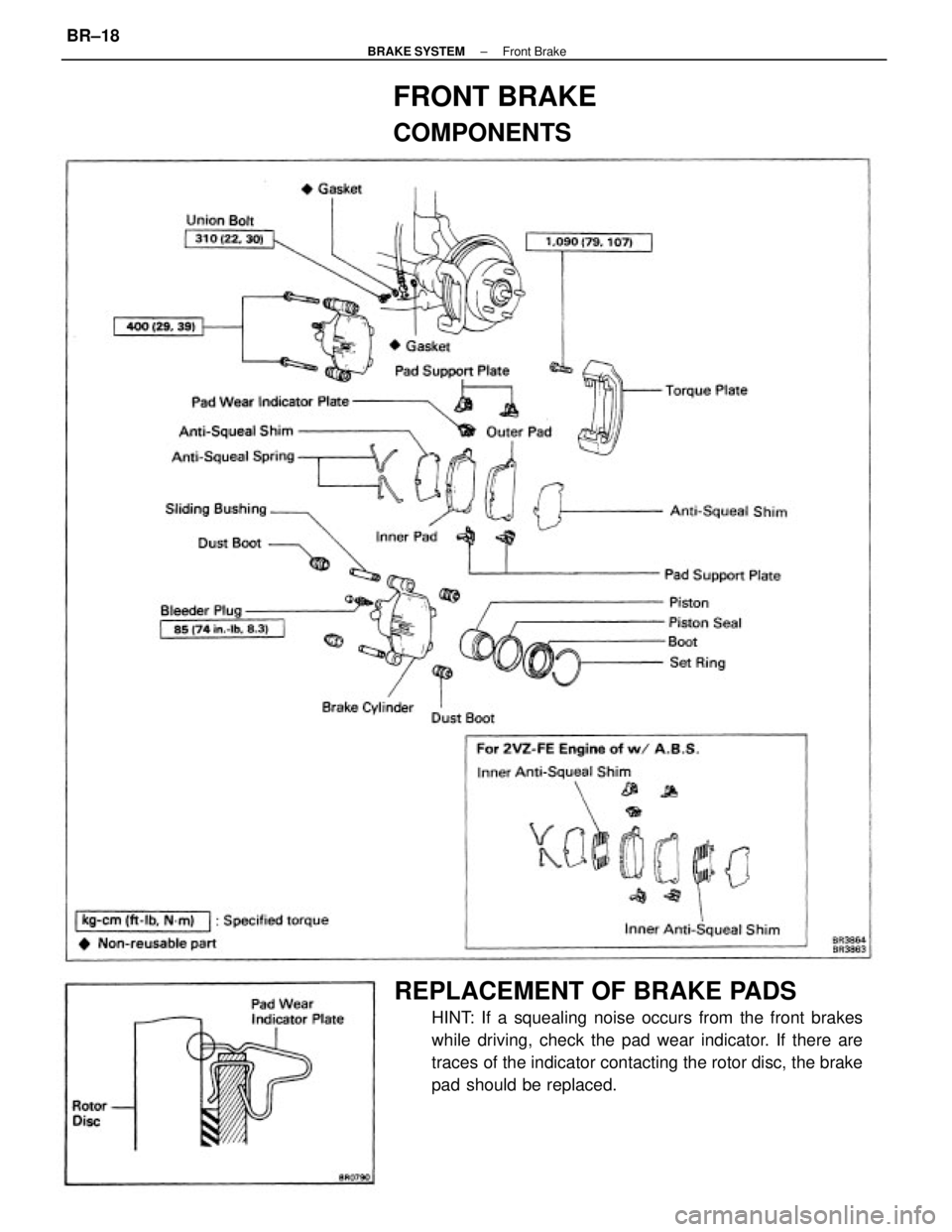 TOYOTA CAMRY V20 1986  Service Information REPLACEMENT OF BRAKE PADS
HINT: If a squealing noise occurs from the front brakes
while driving, check the pad wear indicator. If there are
traces of the indicator contacting the rotor disc, the brake
