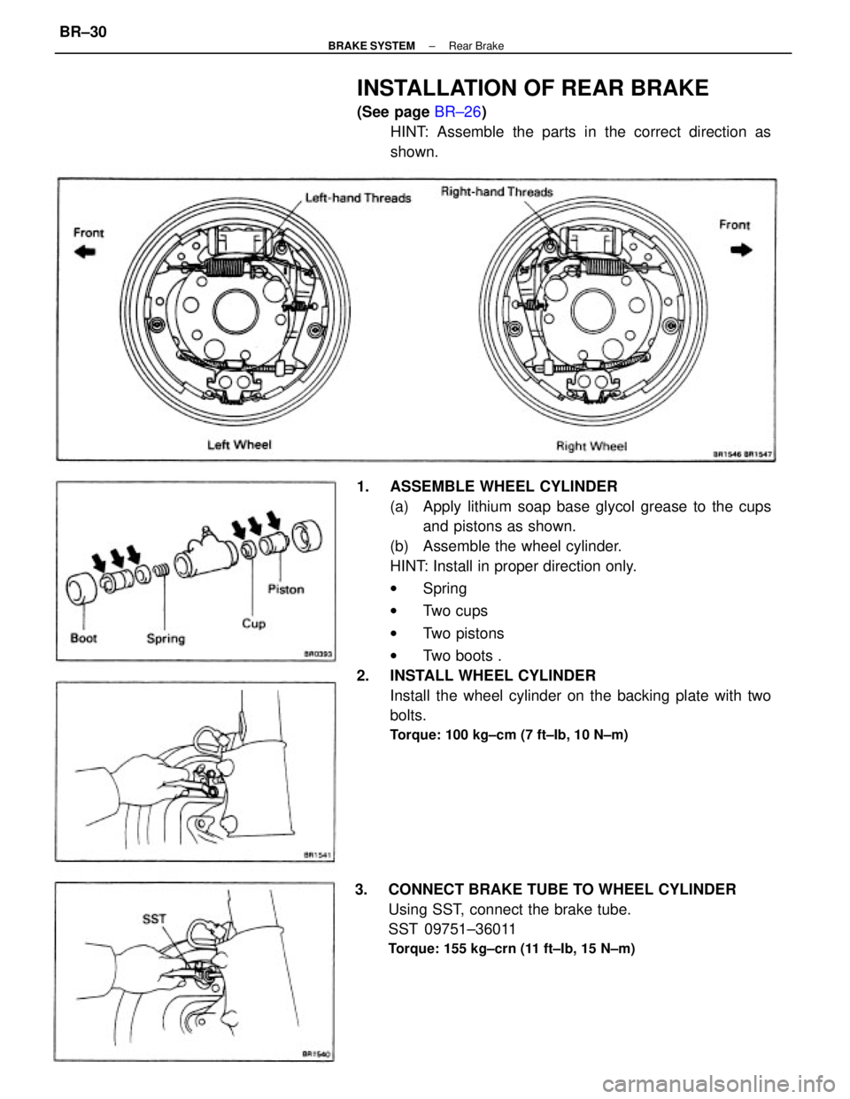 TOYOTA CAMRY V20 1986  Service Information 1.  ASSEMBLE WHEEL CYLINDER
(a)  Apply lithium soap base glycol grease to the cups
and pistons as shown.
(b)  Assemble the wheel cylinder.
HINT: Install in proper direction only.
wSpring
wTwo cups
wTw