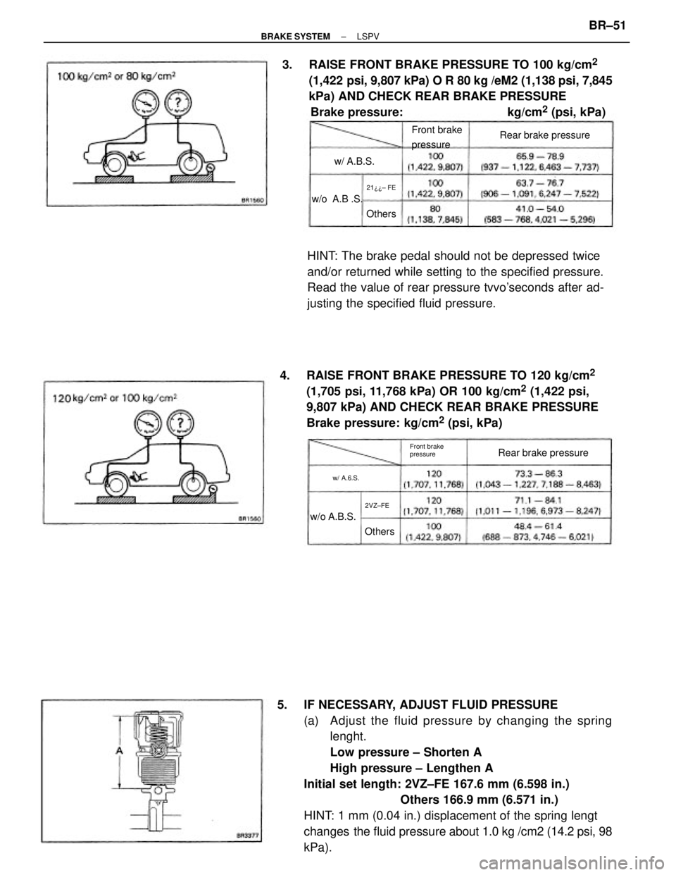 TOYOTA CAMRY V20 1986 Service Information 5. IF NECESSARY, ADJUST FLUID PRESSURE
(a) Adjust the fluid pressure by changing the spring
lenght.
Low pressure ± Shorten A
High pressure ± Lengthen A
Initial set length: 2VZ±FE 167.6 mm (6.598 i TOYOTA CAMRY V20 1986 Service Information 5. IF NECESSARY, ADJUST FLUID PRESSURE
(a) Adjust the fluid pressure by changing the spring
lenght.
Low pressure ± Shorten A
High pressure ± Lengthen A
Initial set length: 2VZ±FE 167.6 mm (6.598 i