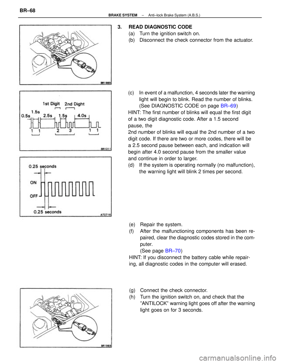 TOYOTA CAMRY V20 1986 Service Information (c) In event of a malfunction, 4 seconds later the warning
light will begin to blink. Read the number of blinks.
(See DIAGNOSTIC CODE on page BR±69)
HINT: The first number of blinks will equal the f TOYOTA CAMRY V20 1986 Service Information (c) In event of a malfunction, 4 seconds later the warning
light will begin to blink. Read the number of blinks.
(See DIAGNOSTIC CODE on page BR±69)
HINT: The first number of blinks will equal the f