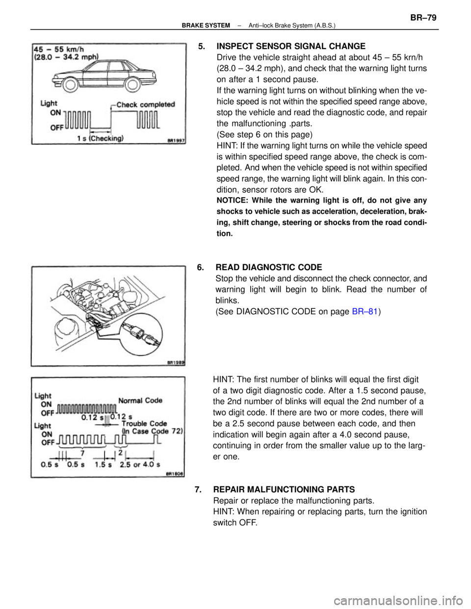 TOYOTA CAMRY V20 1986 Service Information 5. INSPECT SENSOR SIGNAL CHANGE
Drive the vehicle straight ahead at about 45 ± 55 krn/h
(28.0 ± 34.2 mph), and check that the warning light turns
on after a 1 second pause.
If the warning light tur TOYOTA CAMRY V20 1986 Service Information 5. INSPECT SENSOR SIGNAL CHANGE
Drive the vehicle straight ahead at about 45 ± 55 krn/h
(28.0 ± 34.2 mph), and check that the warning light turns
on after a 1 second pause.
If the warning light tur