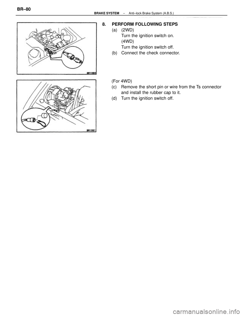 TOYOTA CAMRY V20 1986  Service Information (For 4WD)
(c)  Remove the short pin or wire from the Ts connector
and install the rubber cap to it.
(d)  Turn the ignition switch off. 8.  PERFORM FOLLOWING STEPS
(a) (2WD)
Turn the ignition switch on