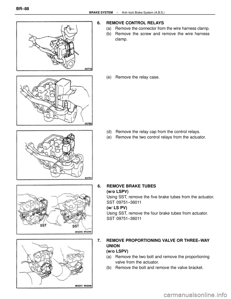 TOYOTA CAMRY V20 1986  Service Information 6.  REMOVE BRAKE TUBES
(w/o LSPV)
Using SST, remove the five brake tubes from the actuator.
SST 09751±36011
(w/ LS PV)
Using SST, remove the four brake tubes from actuator.
SST 09751±36011
7.  REMOV